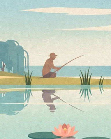 Il pescatore e il suo riflesso nello stagno, accanto alle canne e a una ninfea rosa