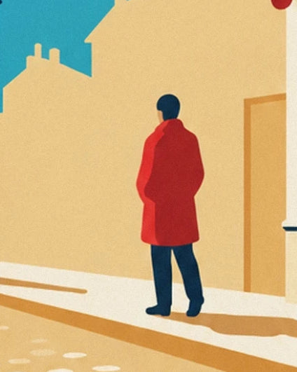 Un passant de dos en manteau rouge et pantalon bleu sur le trottoir ensoleillé