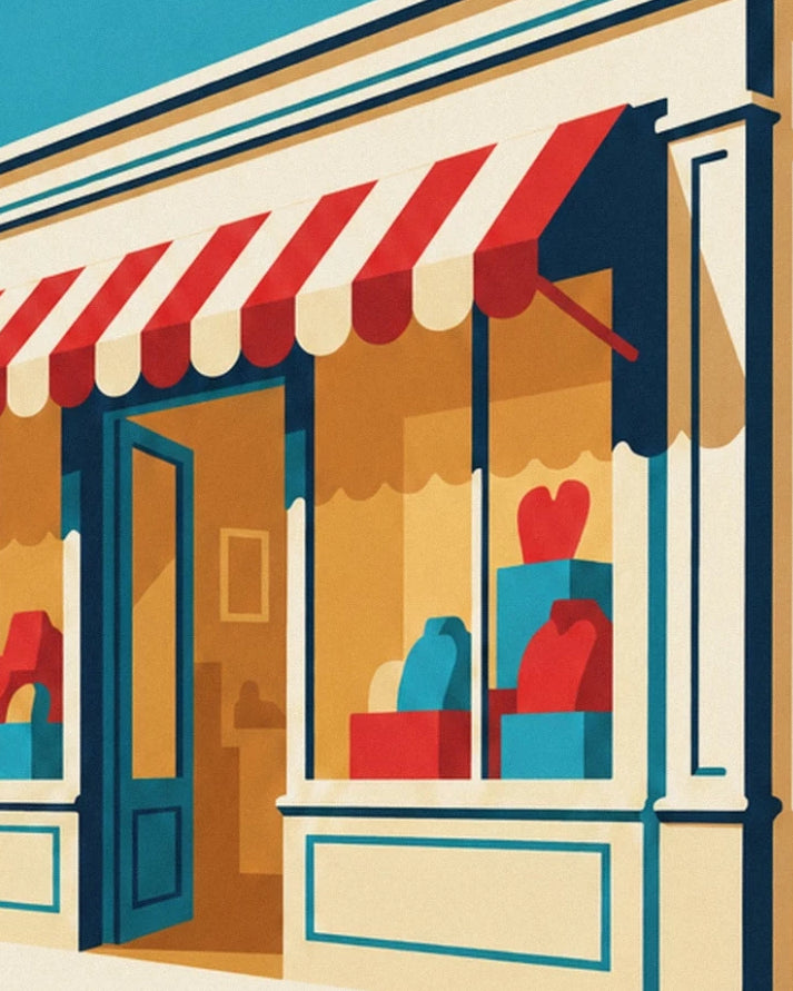 La devanture de l’épicerie, son store rouge et crème et sa porte entrouverte