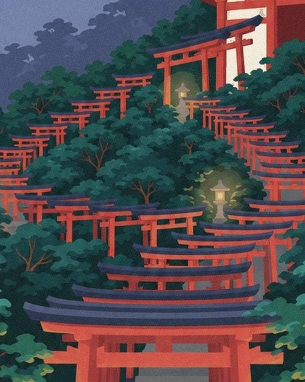 The winding path of red torii gates among trees and glowing lanterns