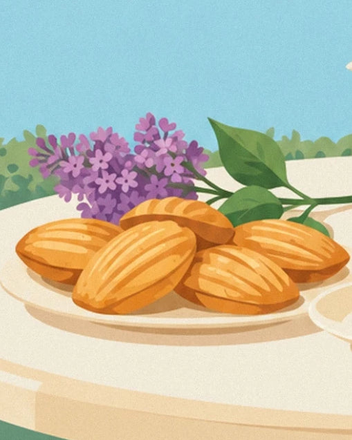 Des madeleines dorées sur une assiette claire, devant des fleurs mauves et des feuilles vertes