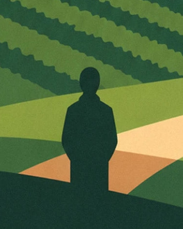 Une silhouette sombre devant les rangées de cultures et les chemins clairs