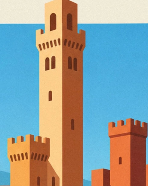 Les tours ocre aux créneaux et fenêtres étroites sur le ciel bleu de San Gimignano