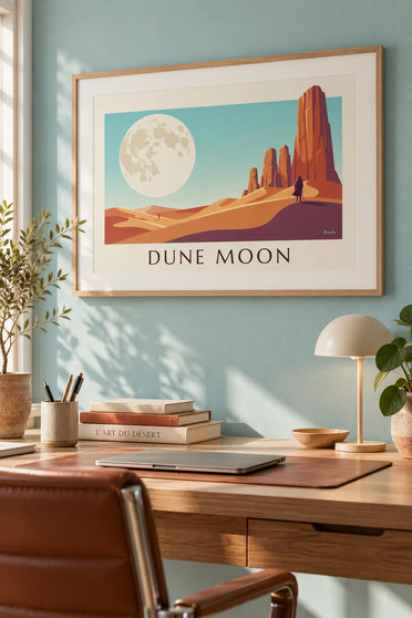 Poster deserto di fantascienza sotto una luna gigante : incorniciato alla parete