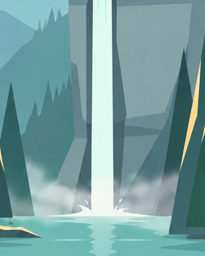 La cascata che si tuffa in un lago turchese, tra rocce grigie e abeti scuri