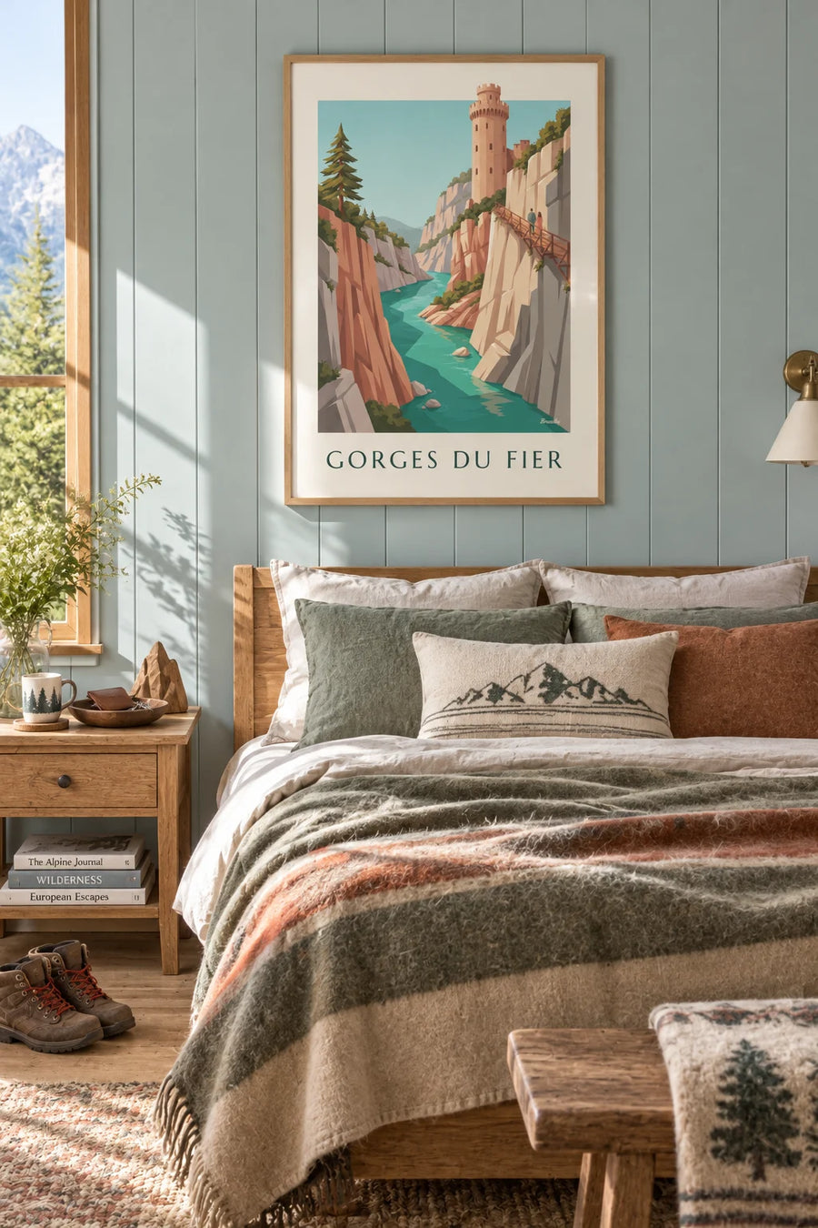Poster con passerella delle gole del Fier e castello di Montrottier: con cornice appeso al muro