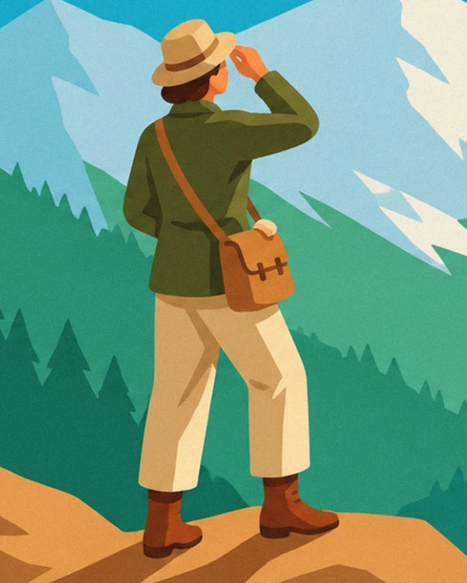 L'escursionista di spalle, con cappello beige e borsa a tracolla, di fronte alle montagne