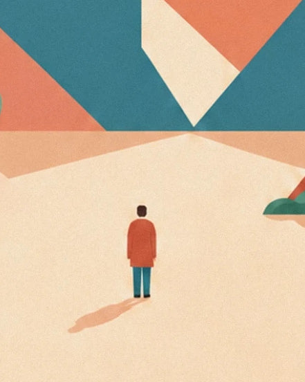 Un personnage en veste rouge et pantalon bleu face aux montagnes géométriques
