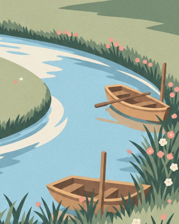 Les 2 barques en bois et leur rame sur la rivière, parmi les fleurs roses