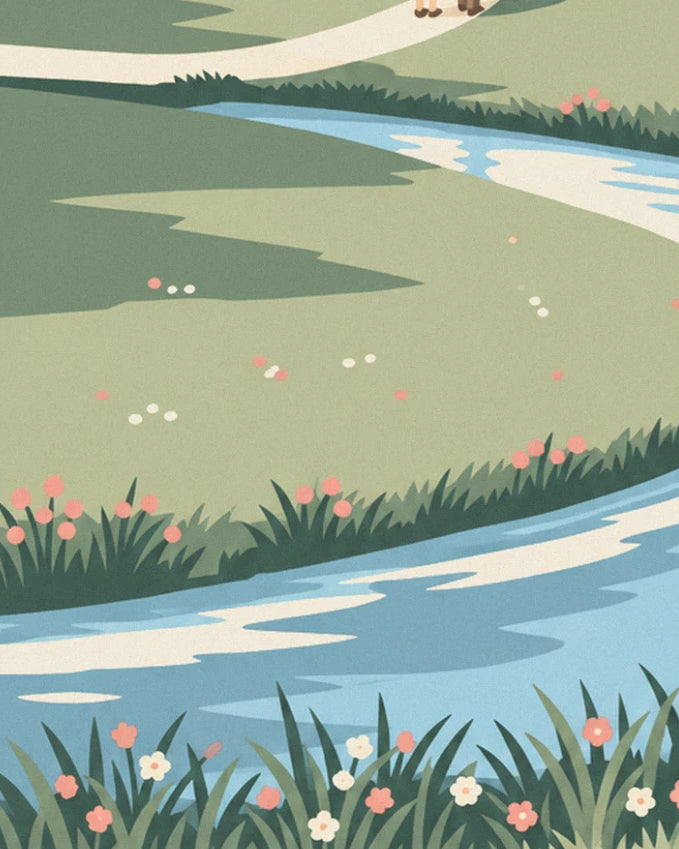 La prairie verte et ses fleurs roses et blanches, au bord de la rivière bleue