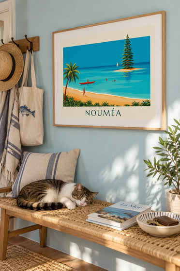 Poster piroga e pino colonnare nella laguna di Nouméa: incorniciato a parete