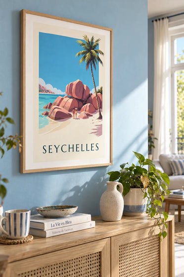Poster baia di Anse Source d'Argent a La Digue alle Seychelles: incorniciato al muro