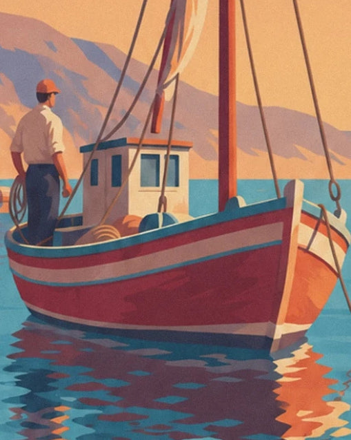Il pescatore a bordo della barca rossa, tra le cime e una cabina bianca