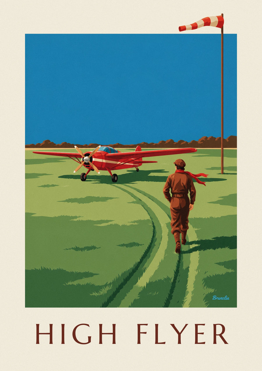 Poster aviatrice e aereo a elica rosso su una pista erbosa