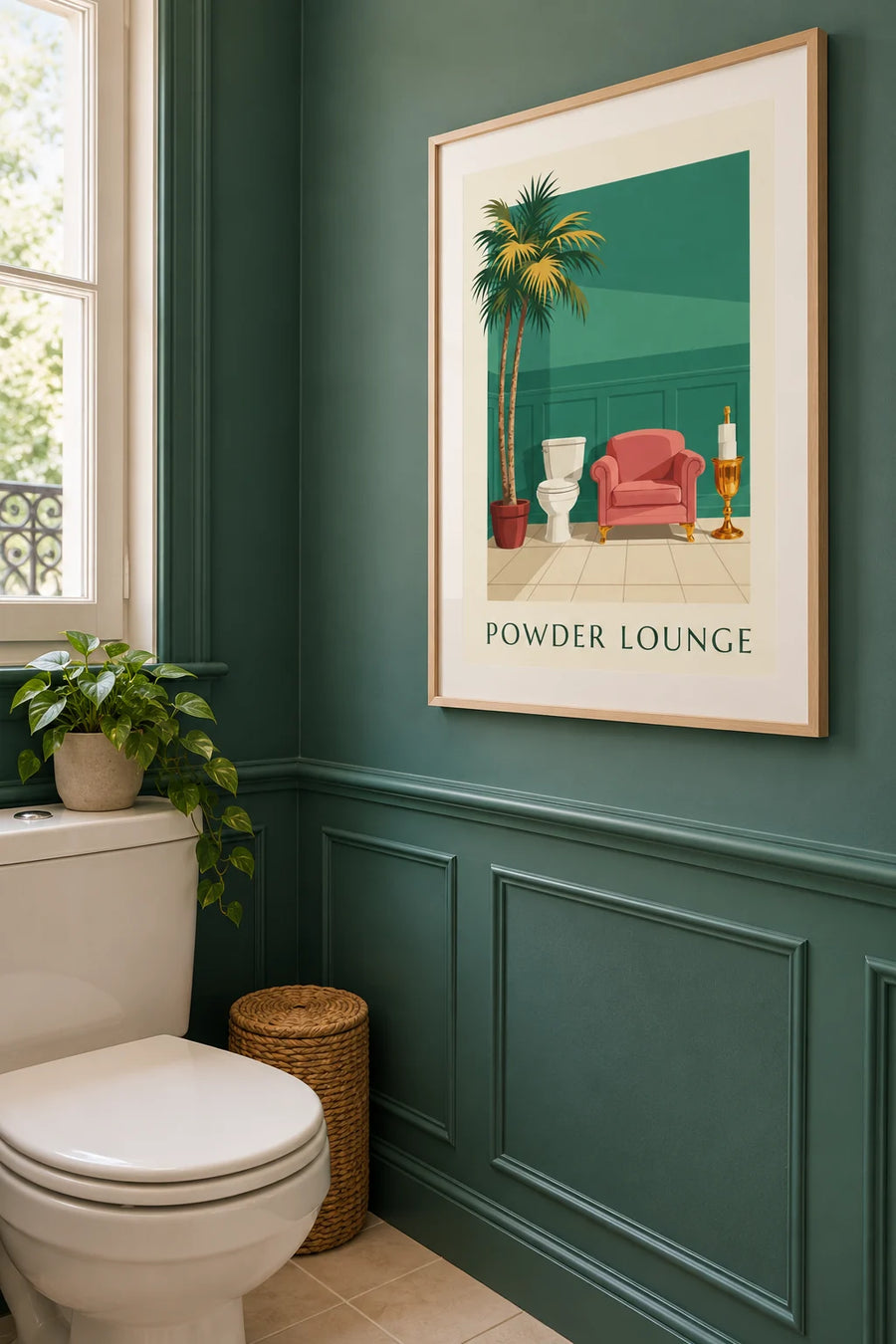 Poster umoristico bagno in stile lounge e carta igienica: incorniciato alla parete