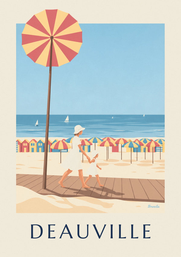 Mother and little girl on the Deauville boardwalk poster