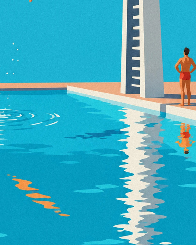Diver mid-dive above a swimming pool poster: close-up detail