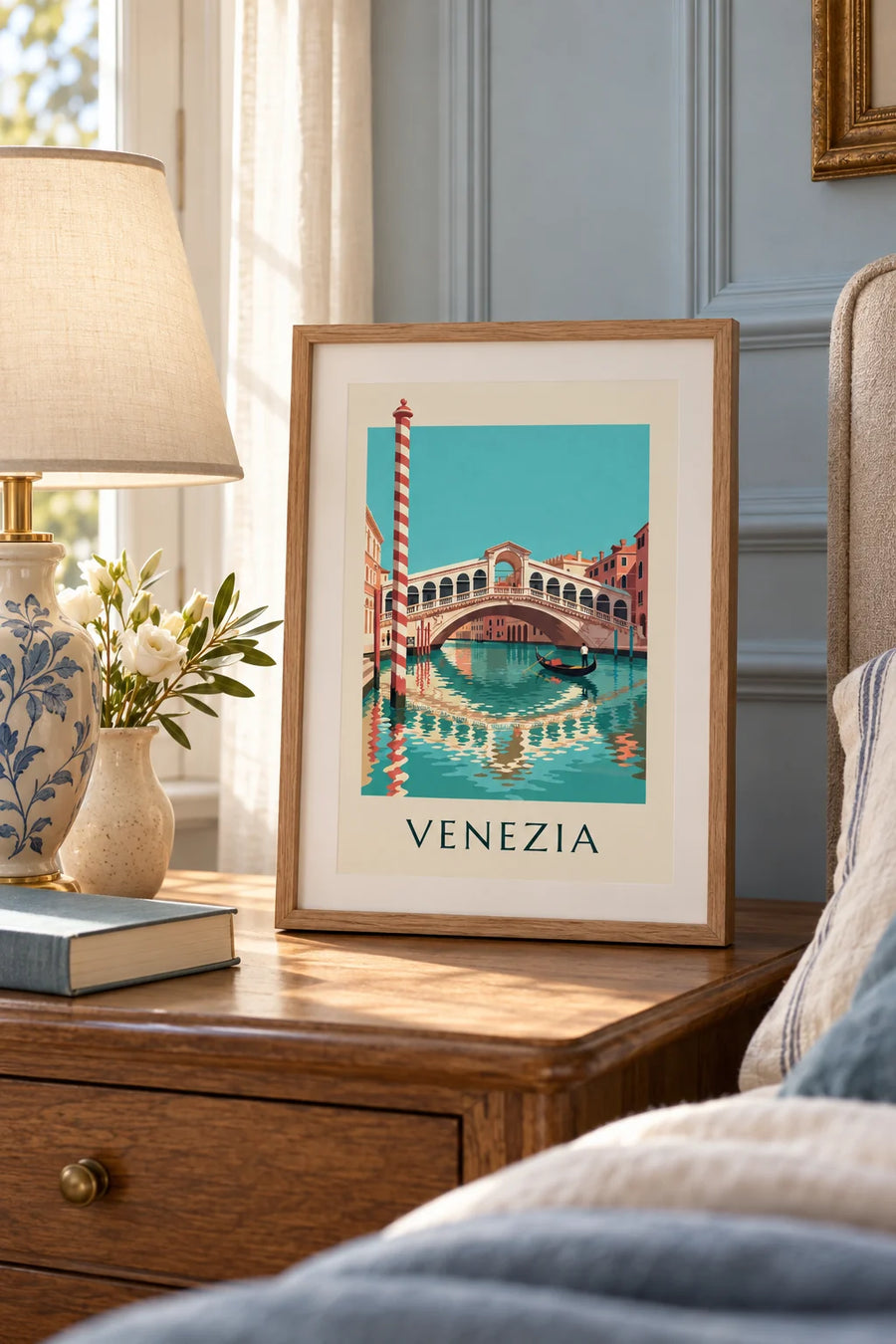 Poster con ponte di Rialto e gondola sul Canal Grande a Venezia: piccolo formato A4 incorniciato