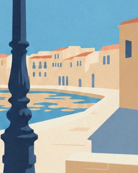 The dark blue street lamp in front of the pale façades and harbour reflections
