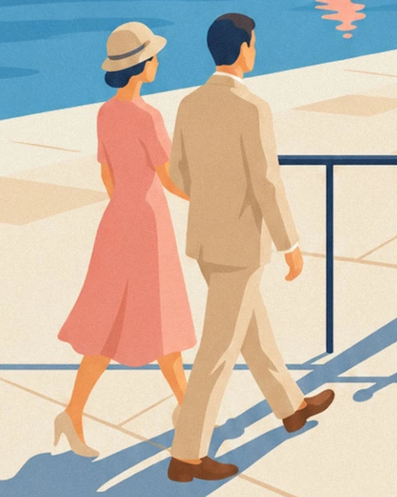 The couple in a coral dress and a beige suit strolling along the sunny quay