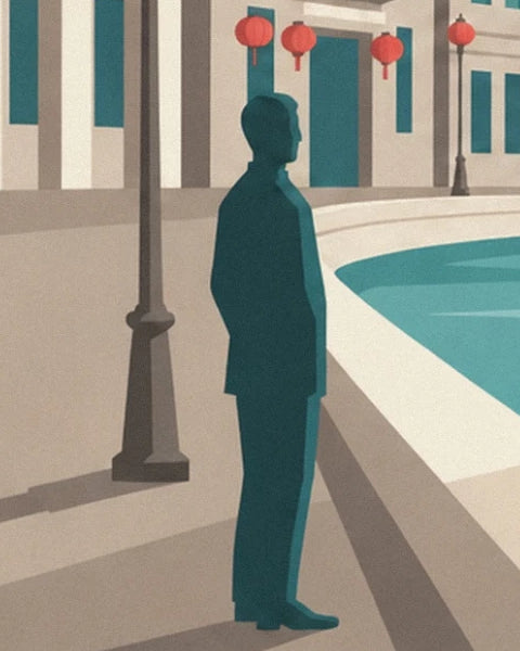 Un homme de profil au bord du Huangpu, près d’un réverbère et des lanternes rouges