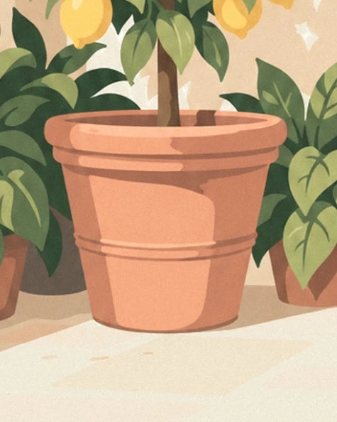 Le pot de terre cuite à rebord épais, entouré de plantes aux larges feuilles vertes