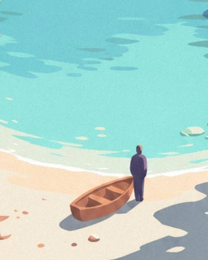 A figure beside a brown rowing boat on the beach, facing the turquoise water