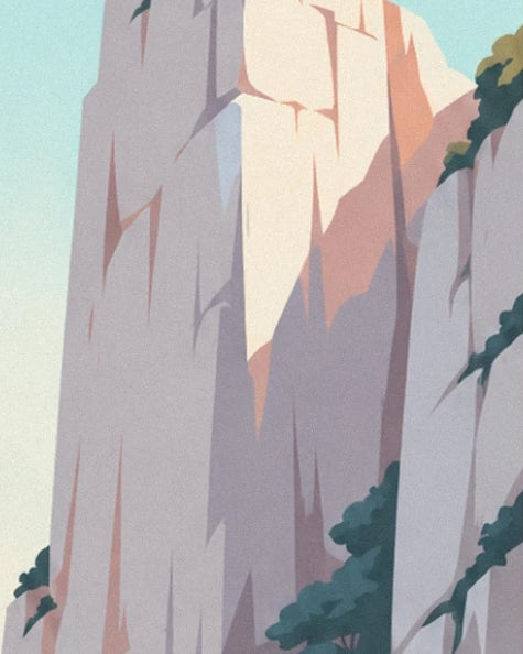The tall cream and pink cliff, streaked with shadows and edged with greenery