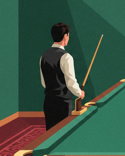 Le joueur de dos en gilet noir, queue de billard en main près du tapis vert