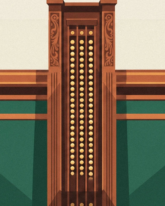 Le compteur de points en bois et ses rangées de perles dorées sur le mur vert