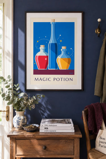 Poster di una pozione magica in boccette di vetro su una mensola: incorniciato al muro