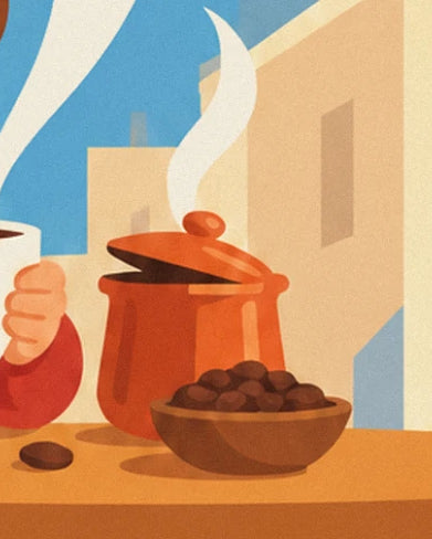 The orange jar with its lid partly open and the brown bowl filled with cocoa beans