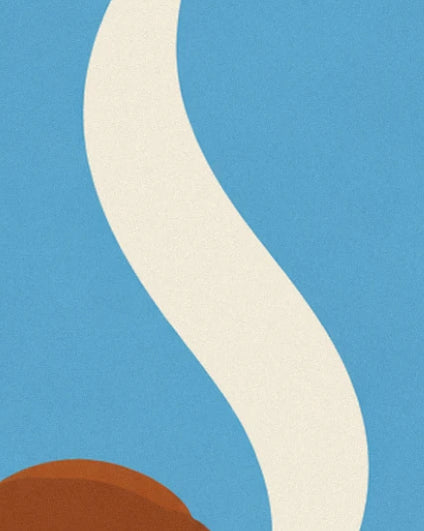A cream swirl of steam against a blue background above a brown rim