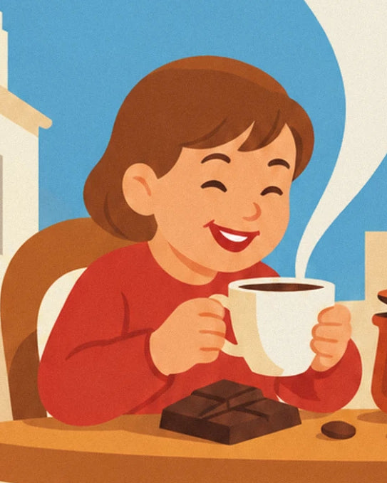 The smiling child in a red jumper, with a steaming cup and a bar of chocolate