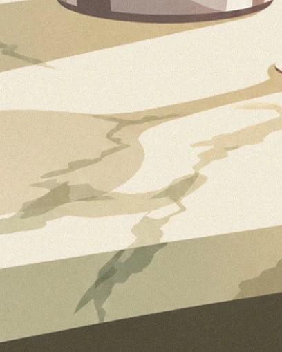 The long shadows of glasses on a cream table with winding veins
