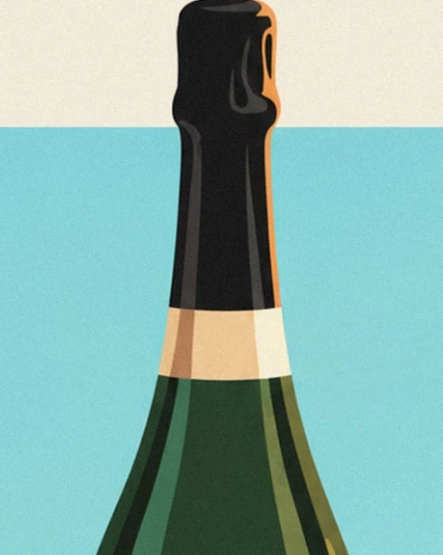The black neck of a green bottle wrapped in a wide gold band