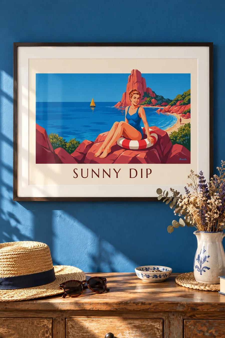 Poster of a pin-up in a red swimsuit on a mahogany boat on the lake: framed on the wall