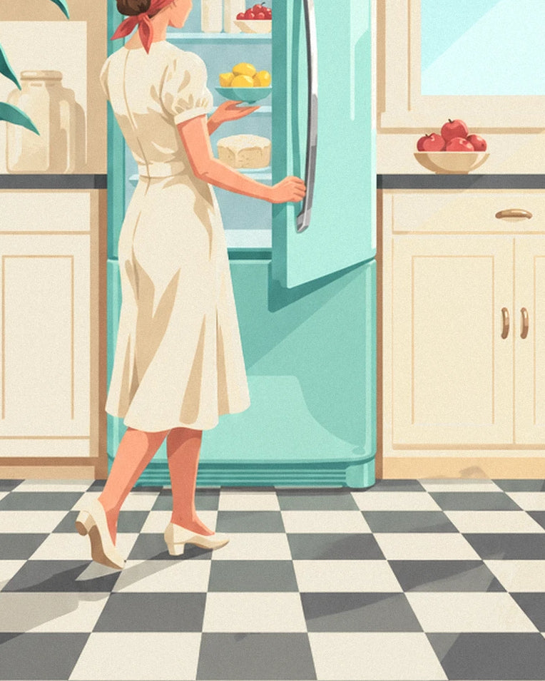 Poster frigorifero arrotondato verde menta in una cucina: dettaglio in primo piano