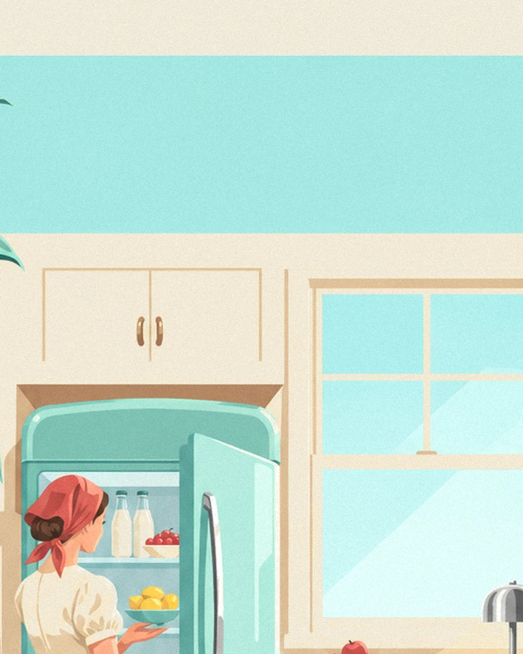 Poster frigorifero arrotondato verde menta in una cucina: dettaglio in primo piano