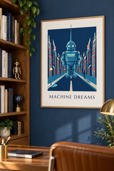 Poster robot futuristico con luci al neon in una città di notte: incorniciato alla parete