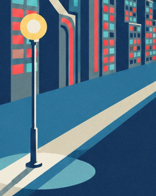 Le lampadaire à globe jaune éclairant la chaussée, face aux fenêtres rouges et turquoise