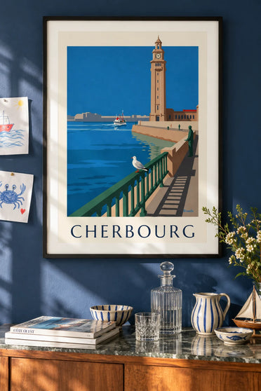 Poster gabbiano e torre dell'orologio della stazione marittima di Cherbourg: incorniciato a parete