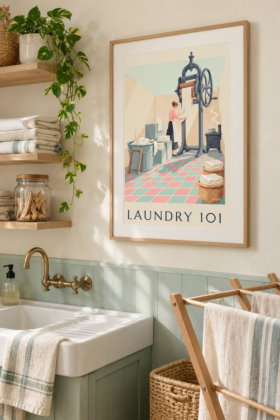 Poster lavanderia, istruzioni per il bucato all'antica: incorniciato al muro