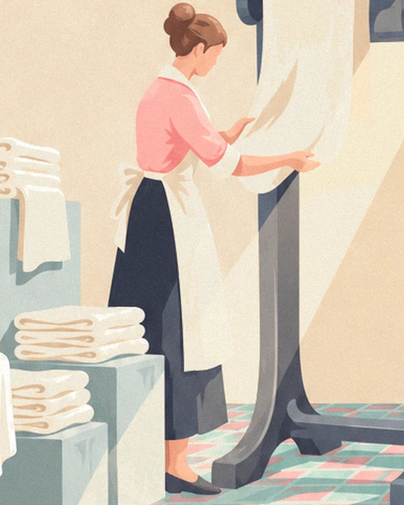 La lavandaia con la camicetta rosa e il grembiule bianco che passa il bucato nella strizzatrice