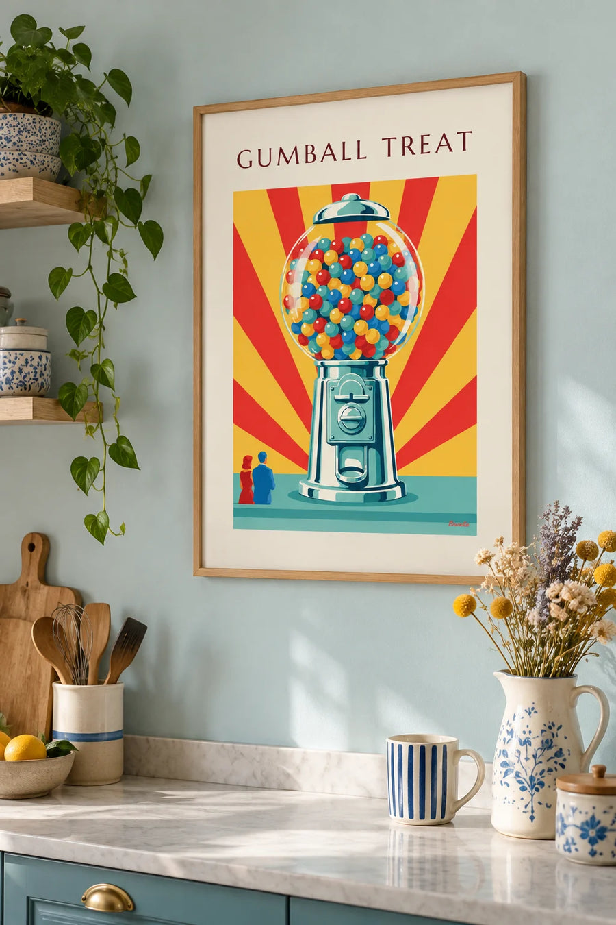 Gumball machine poster with colorful balls: framed on the wall