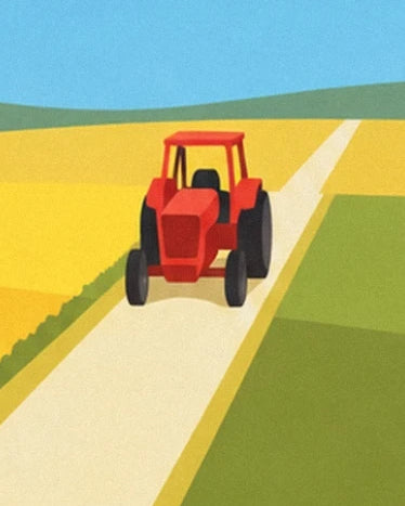 Il piccolo trattore rosso su una strada chiara tra campi gialli e verdi