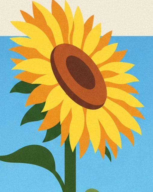 Un girasole con petali gialli e arancioni, il centro marrone e lo stelo verde