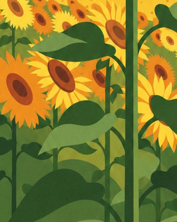 Girasoli gialli dal centro marrone tra alti steli e ampie foglie verdi