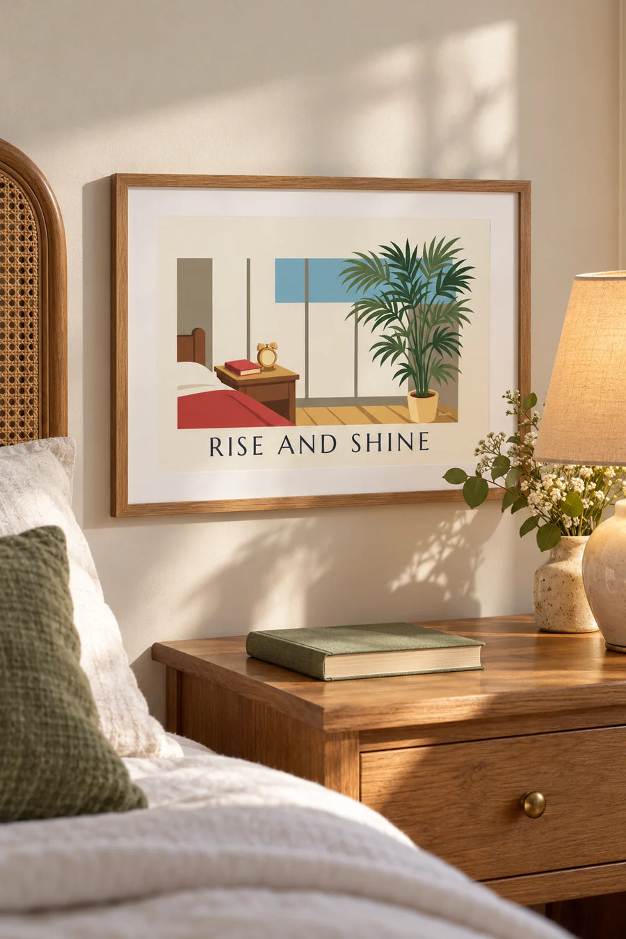 Affiche réveil mécanique à cloches au soleil du matin : petit format A4 encadré