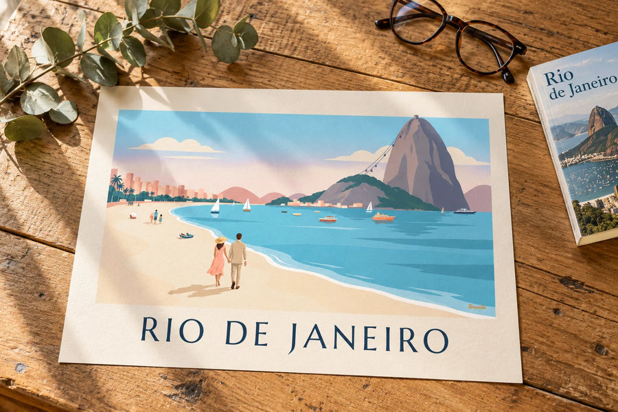 Poster con coppia sulla spiaggia di Botafogo di fronte al Pan di Zucchero a Rio: appoggiato su un tavolo